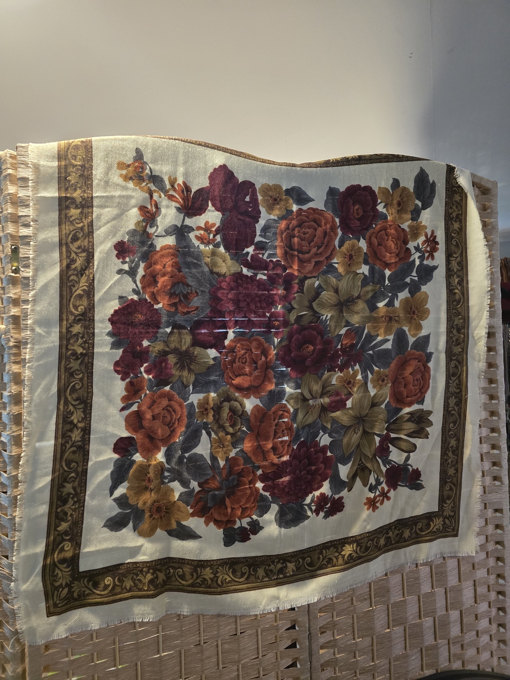 Vintage Basha Scarves Inc. Floral Square Scarf – Made in Italy, Rich Autumn Tone - Picture 2 of 7